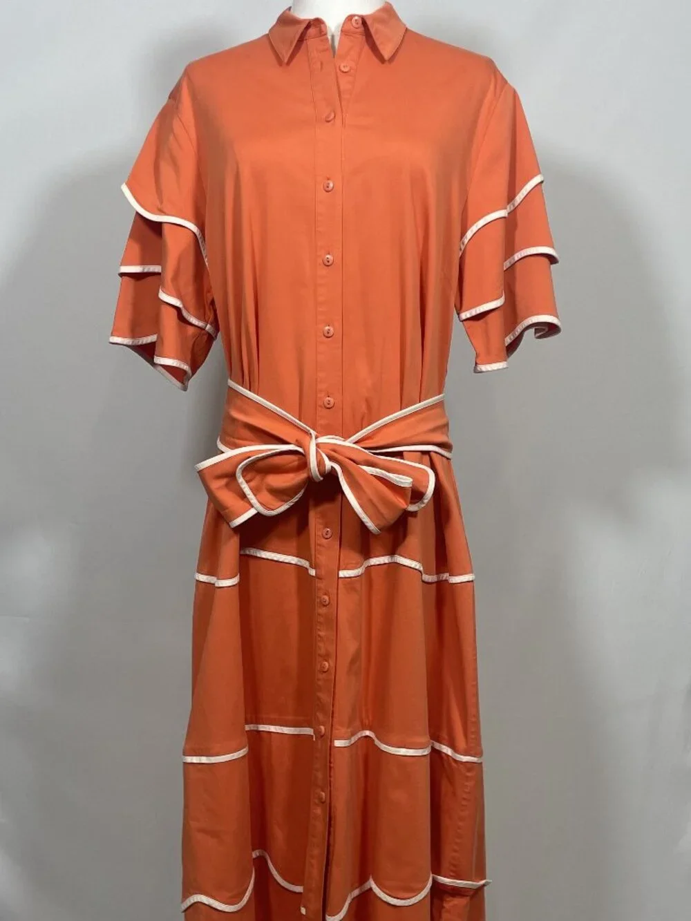 Alexis Rhodes Tiered Midi Shirt Dress Orange White Contrast Trim Belted Size M